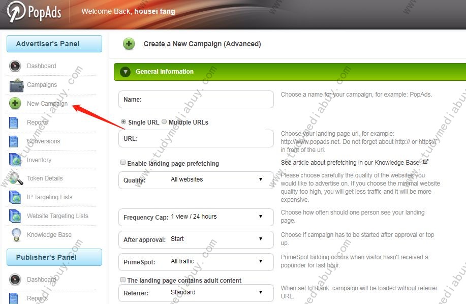 popads campaign setting option intro,studymediabuy.com,popads tutorial